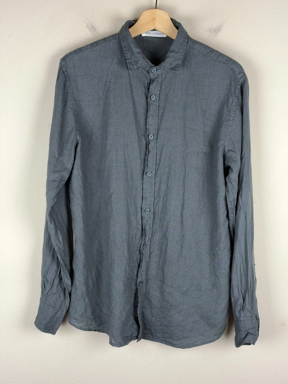 Zara Dark Gray Linen Regular Fit Long Sleeve Shirt Mens Sz M
